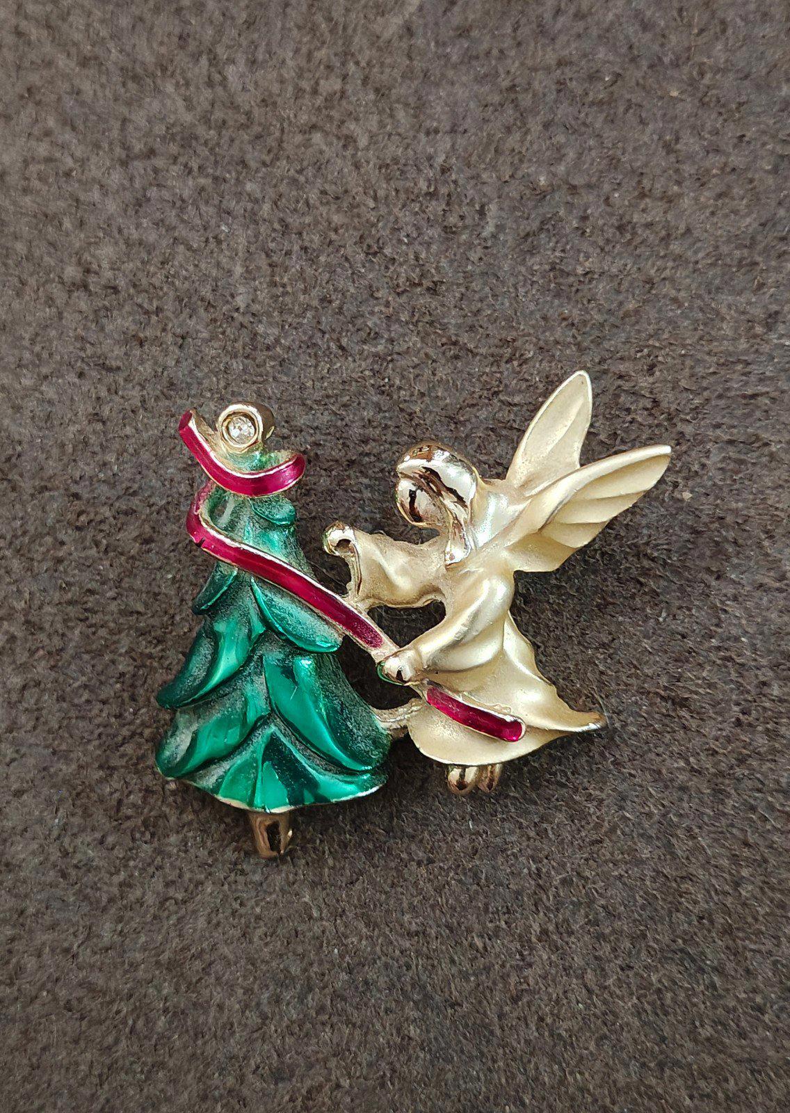 Enamel angel and Christmas tree brooch pin with spread wings, gold-tone and green/red enamel