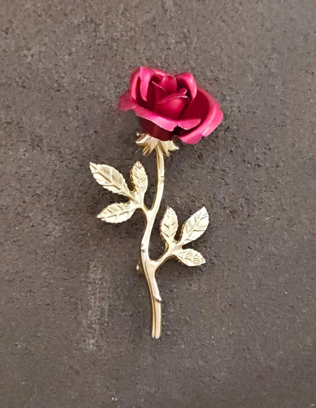 1980s Gold Tone Long Stem Textured Red Rose Brooch