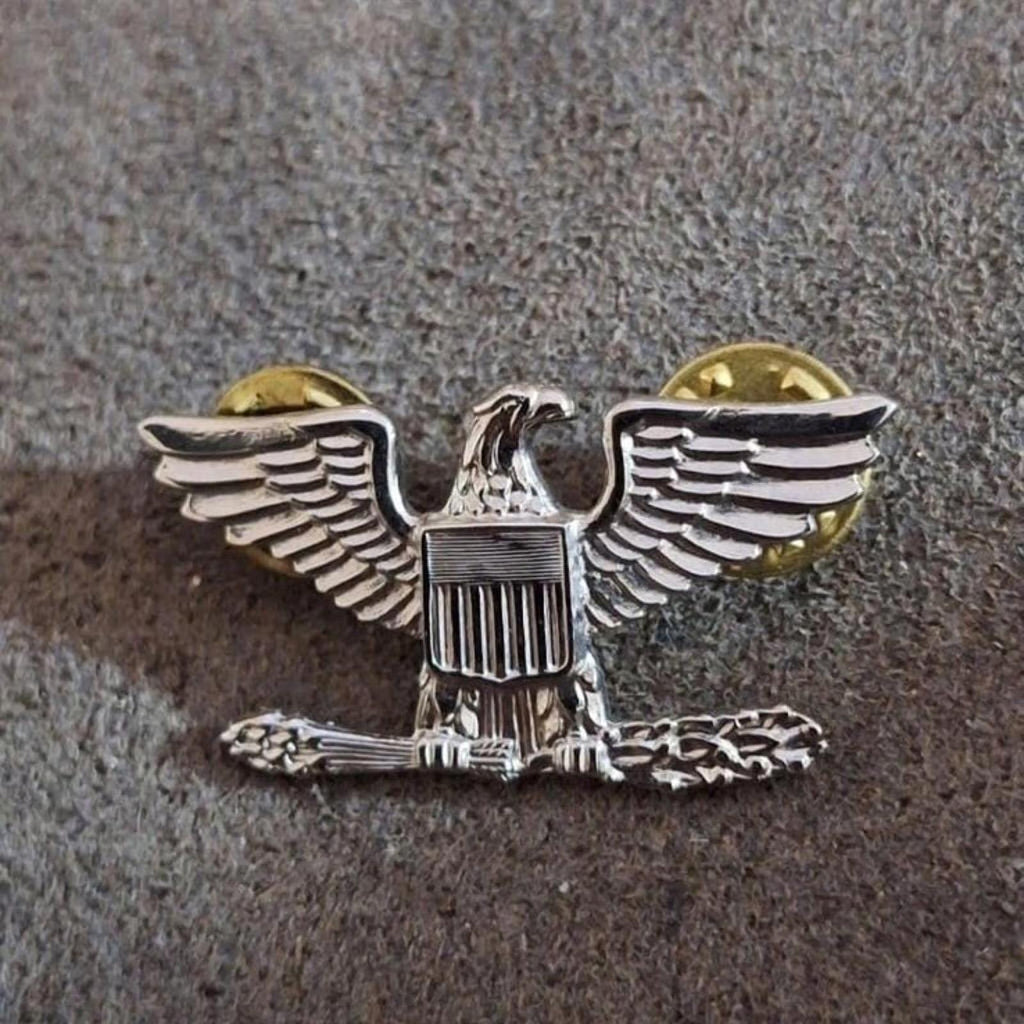 Silver and gold eagle rank pin with central shield, spread wings, and spread tail bar