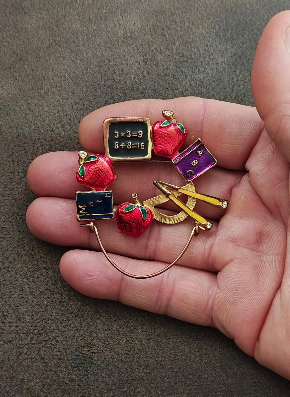 1980s Gold Tone Enamel School Teacher Brooch
