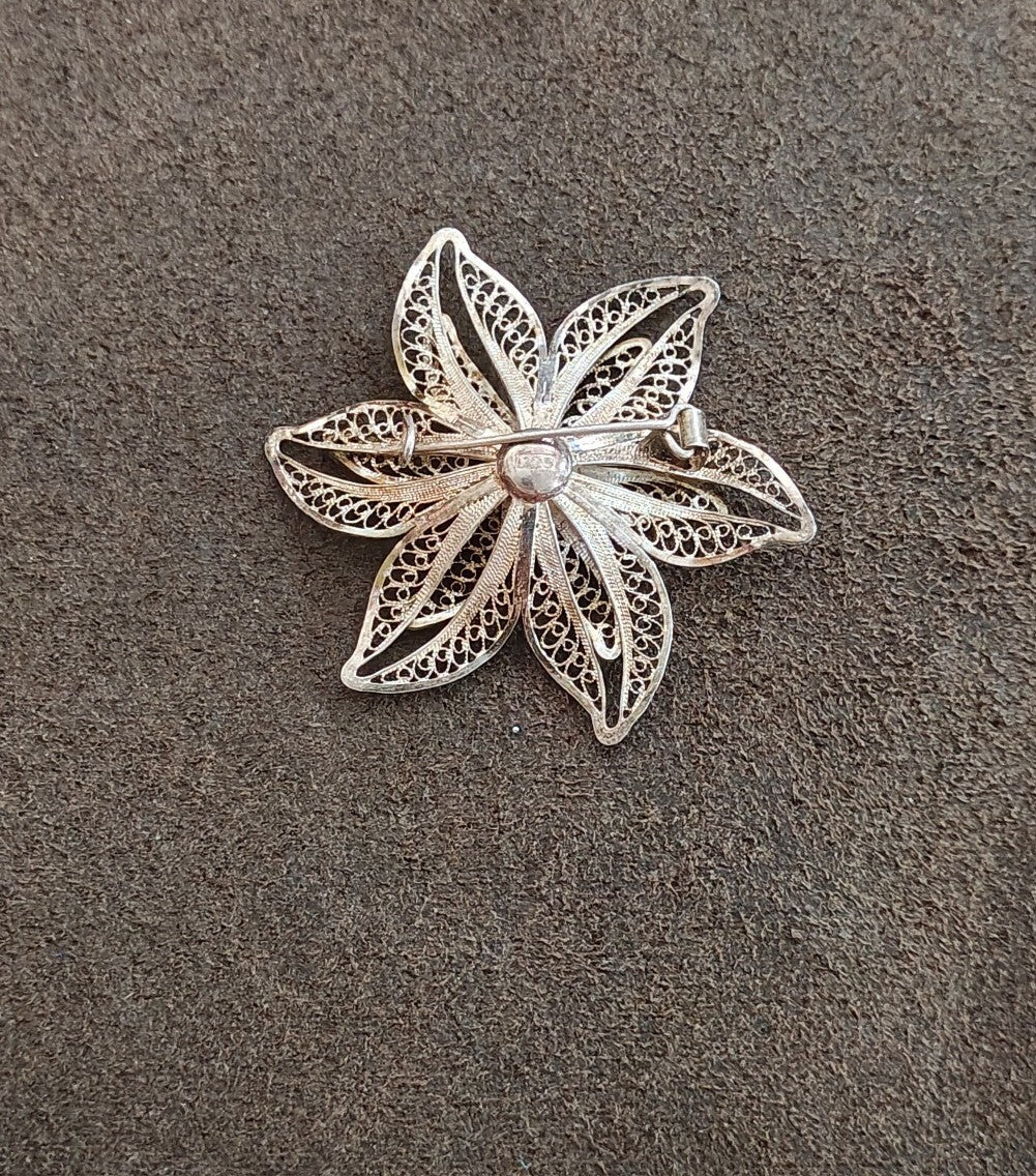1900s 925 Sterling Silver Filigree Flower Brooch Pin - Trinketmania-LV