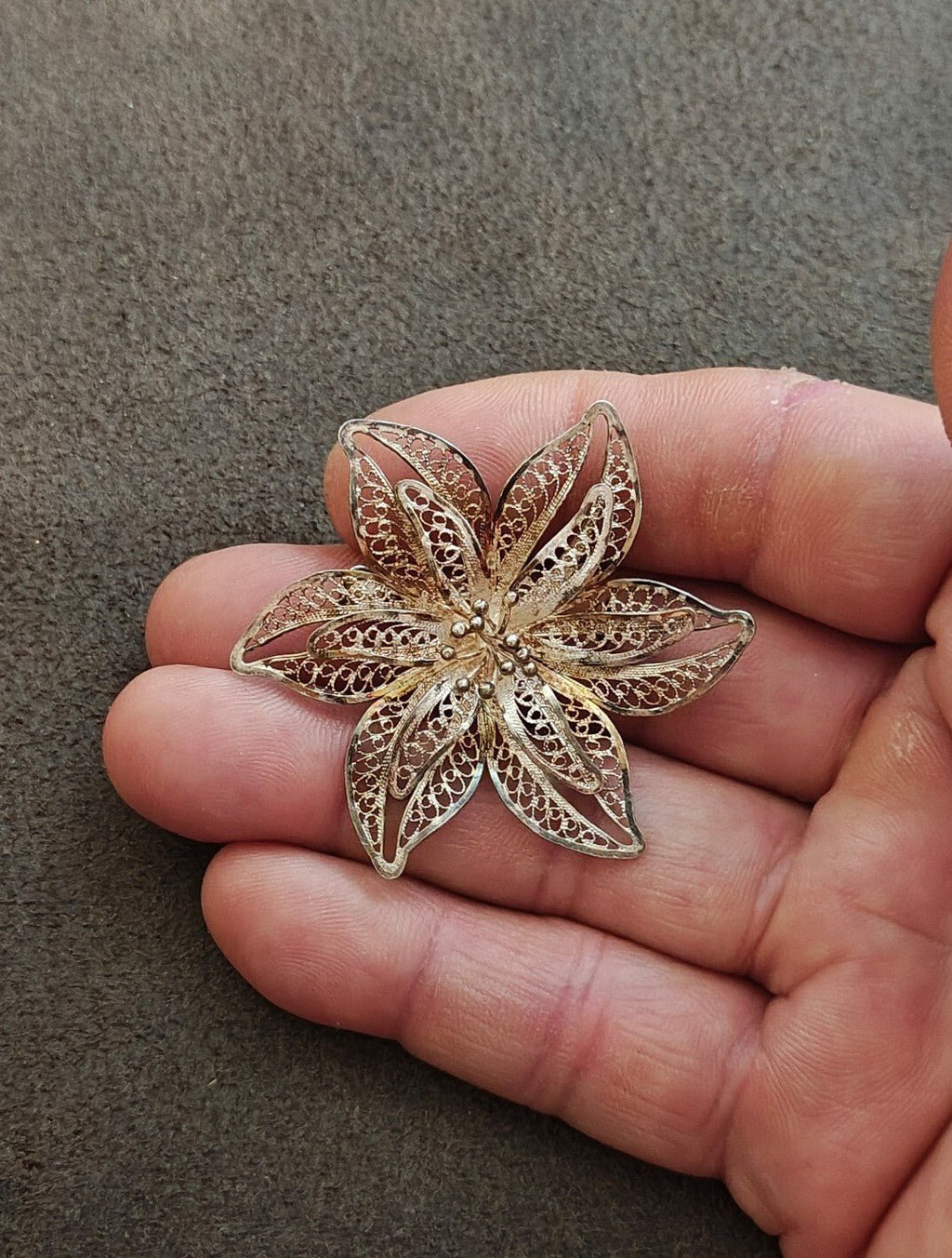 1900s 925 Sterling Silver Filigree Flower Brooch Pin - Trinketmania-LV