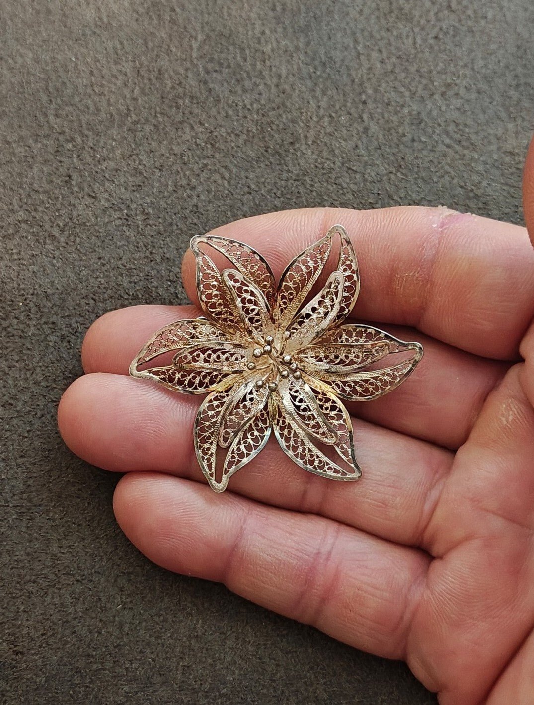1900s 925 Sterling Silver Filigree Flower Brooch Pin - Trinketmania-LV