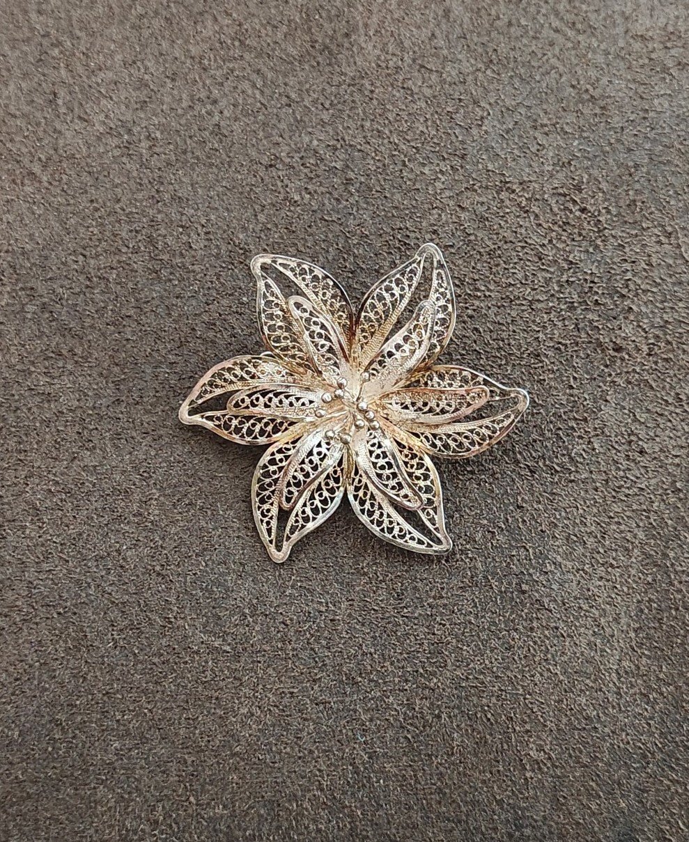 1900s 925 Sterling Silver Filigree Flower Brooch Pin - Trinketmania-LV