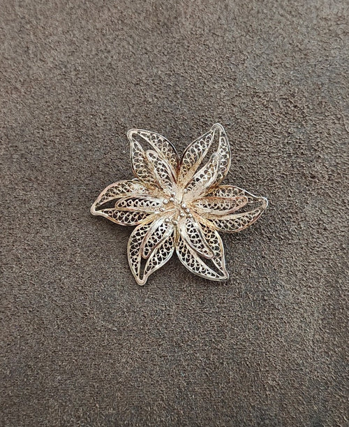 1900s 925 Sterling Silver Filigree Flower Brooch Pin - Trinketmania-LV