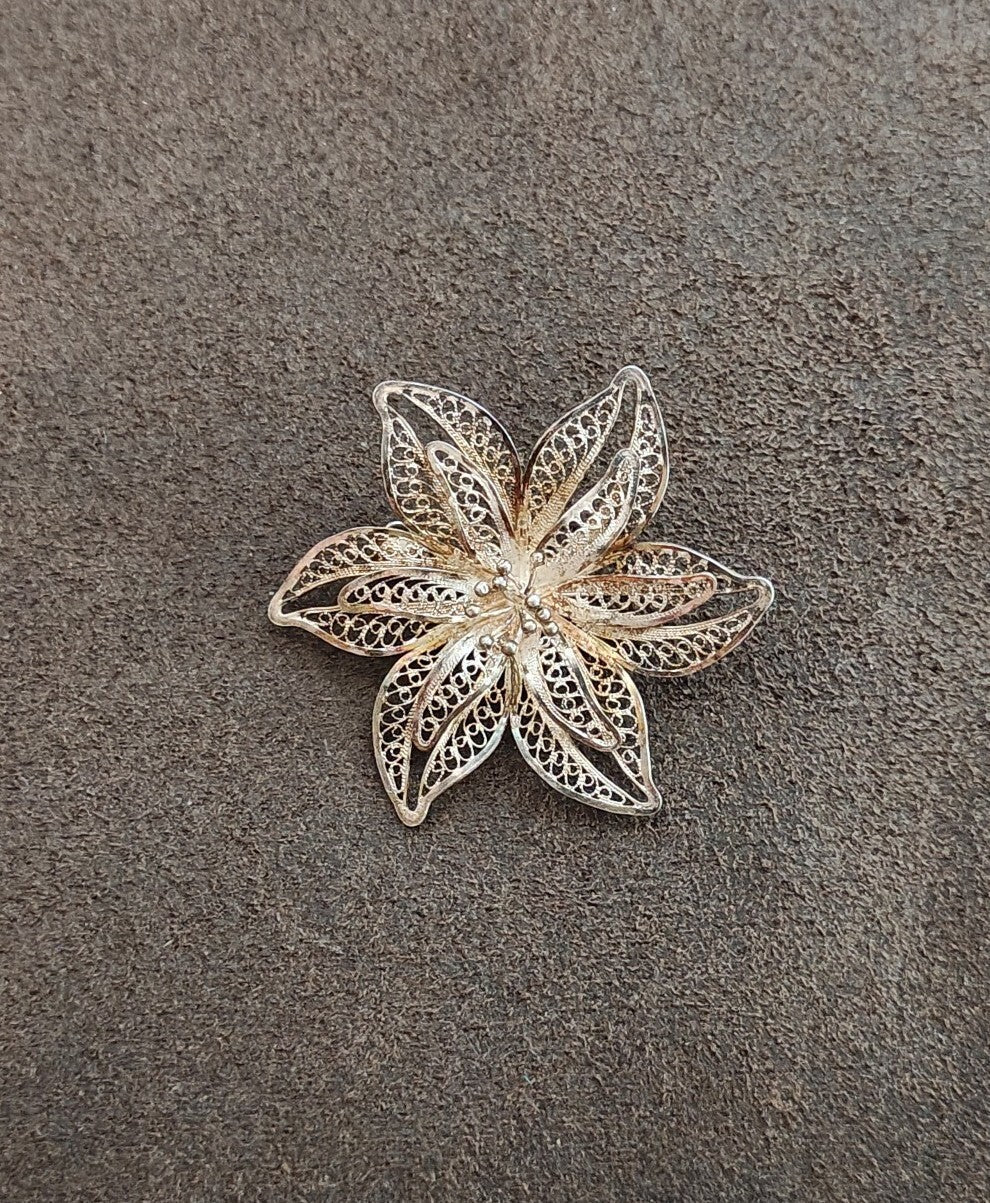 1900s 925 Sterling Silver Filigree Flower Brooch Pin - Trinketmania-LV