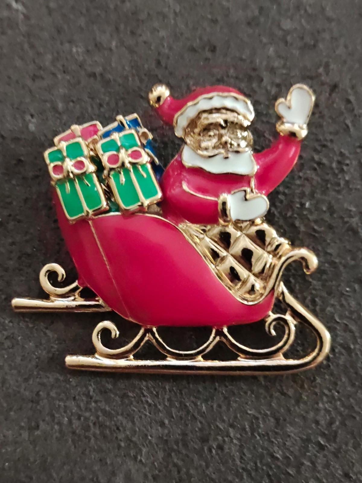 1970s Avon Santa Sleigh Ride Surprise Gold Tone Enamel Brooch and Earring Set