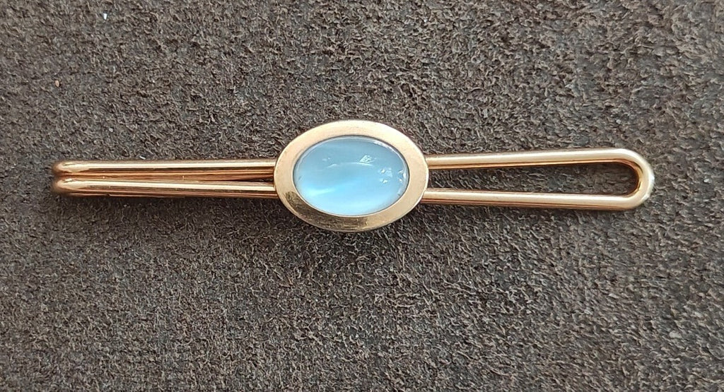 1950s Oval Blue Cabochon Gold Tone Wire Loop Tie Bar/Tie Clip