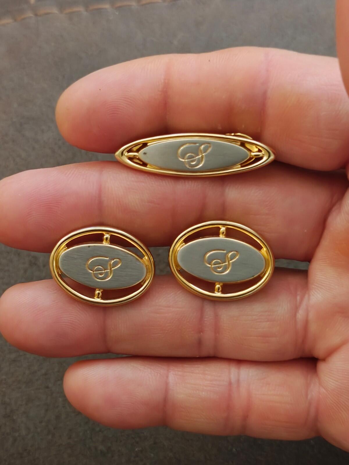 1950s/60s Hickok USA Two Tone Monogram Initial S Tie Bar/Tie Clip & Cufflink Set