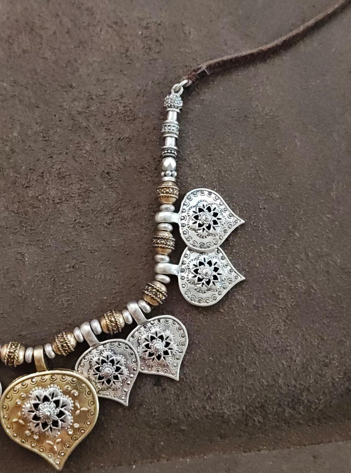 Lucky Brand Two Tone Medallion Bead & Adjustable Leather Cord Pendant Necklace