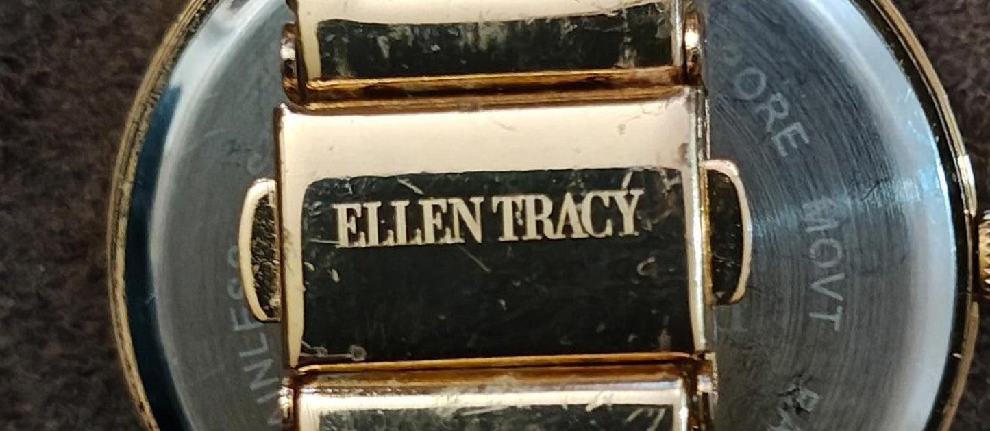 Ellen Tracy Roman Numerals Gold Dial With Crystal Accents Ladies Watch