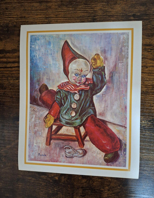 1960s Clown Doing Splits Lithograph Print Artist Signed Michele Reprint