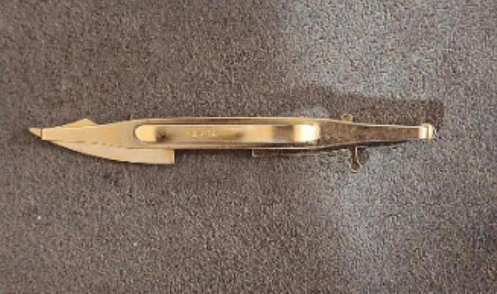 Gold pirate sword tie clip bar underside view with hinge and clasp details