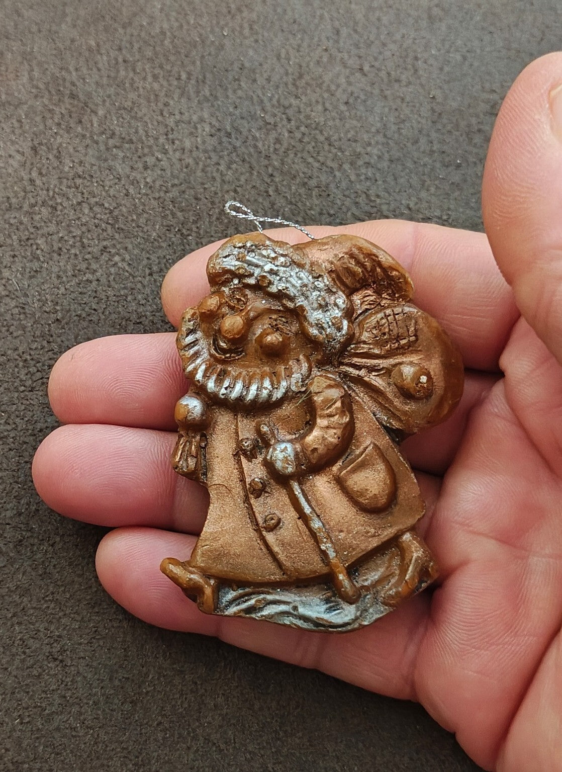 1980s Brown & Silver Molded Wax Santa Claus Christmas Ornament