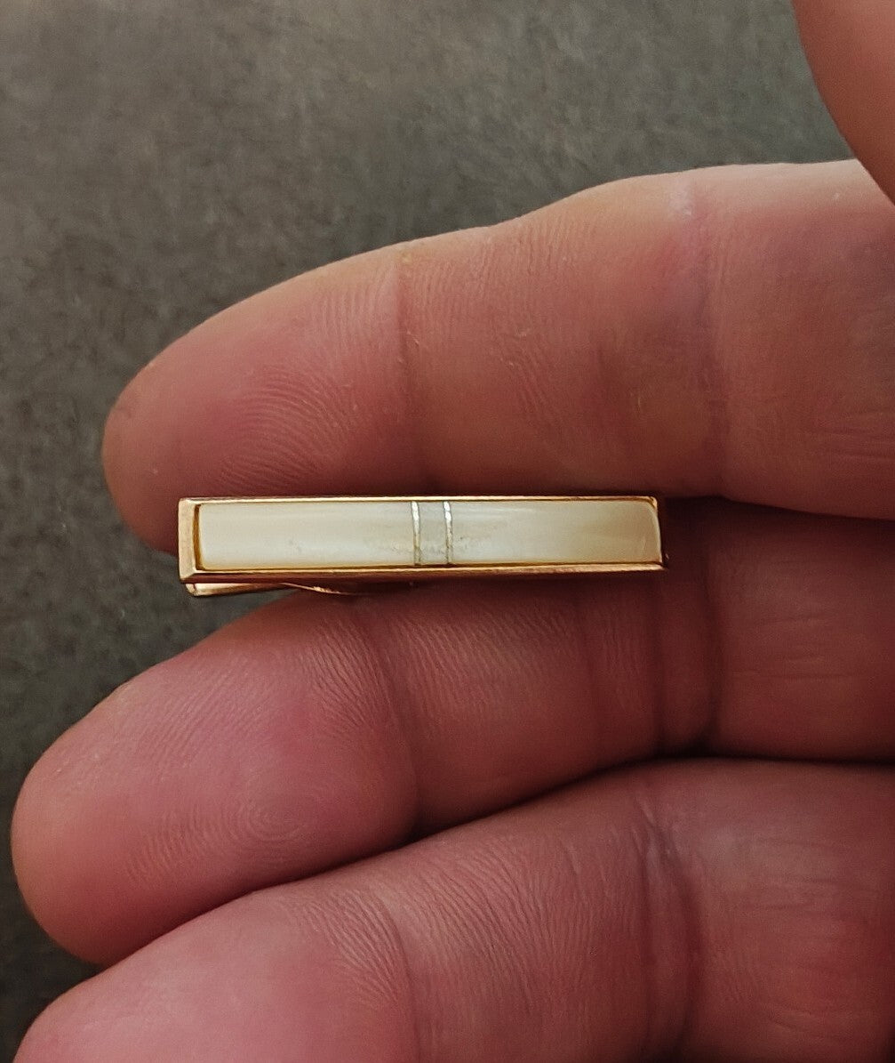 1950s/60s Gold Tone With Mother Of Pearl Modernist Rectangular Tie Bar/Tie Clip - Trinketmania-LV