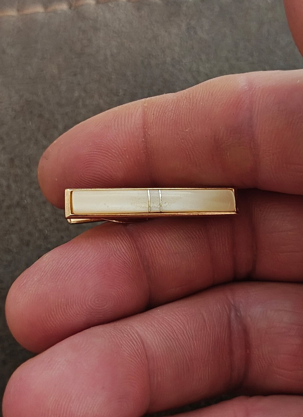 1950s/60s Gold Tone With Mother Of Pearl Modernist Rectangular Tie Bar/Tie Clip - Trinketmania-LV