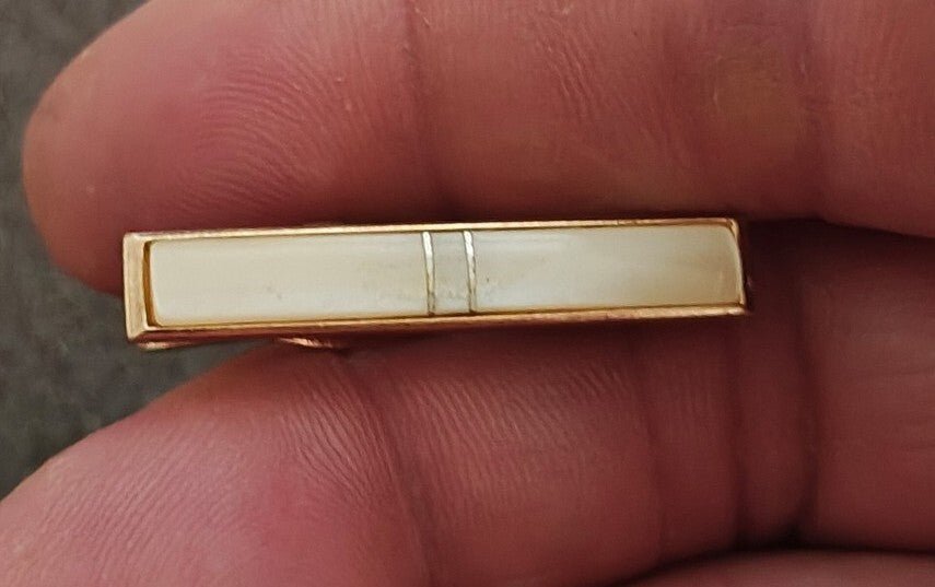 1950s/60s Gold Tone With Mother Of Pearl Modernist Rectangular Tie Bar/Tie Clip - Trinketmania-LV