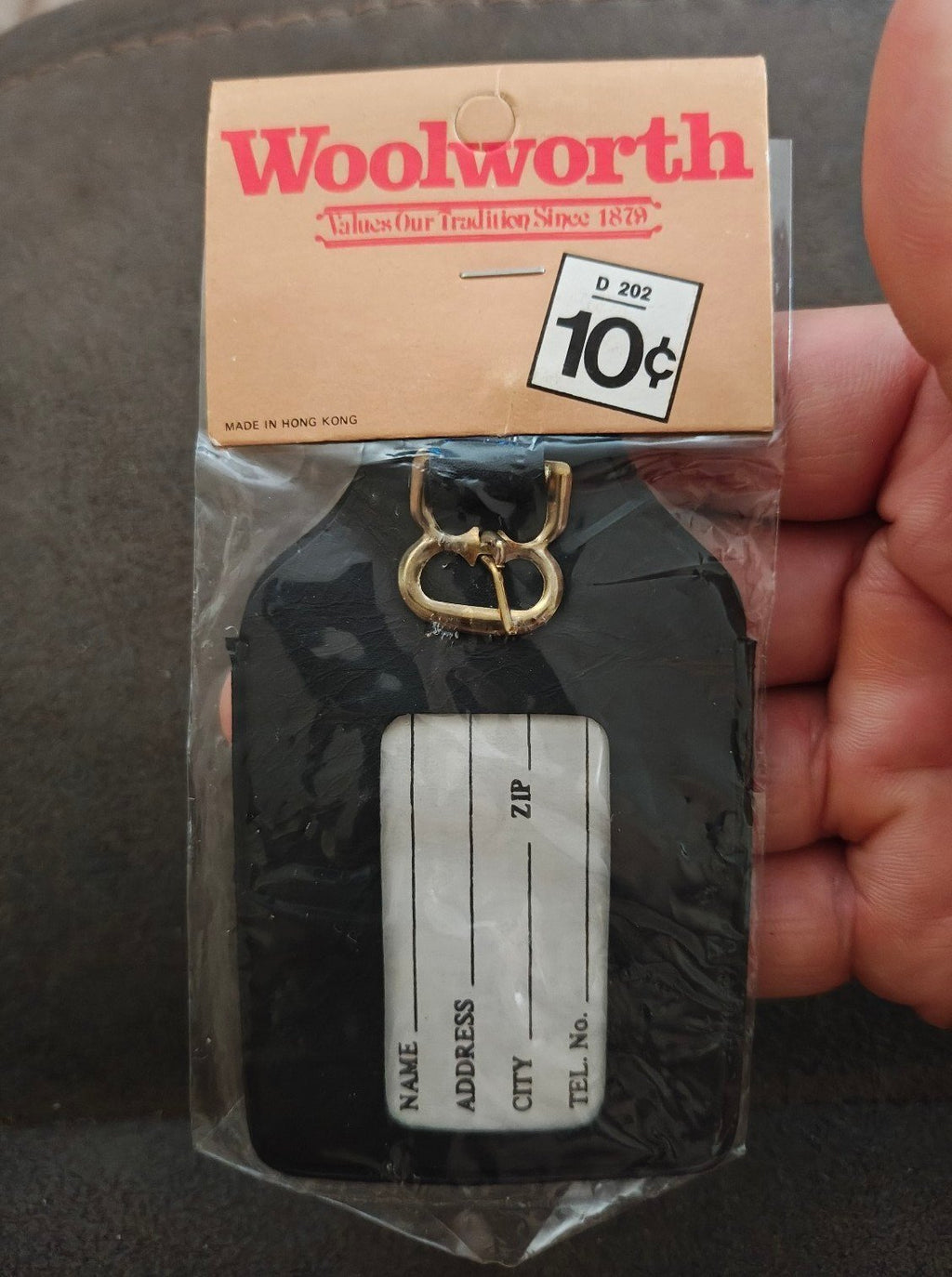 1960s/70s Woolworth Black Vinyl Luggage Tag NOS - Trinketmania-LV