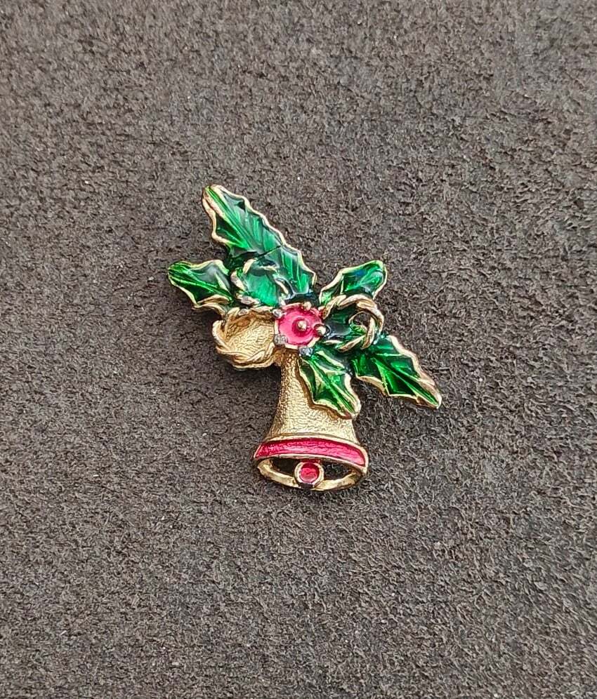 1970s Christmas Bell Holiday Gold Tone With Red & Green Enamel Brooch - Trinketmania-LV