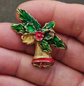 1970s Christmas Bell Holiday Gold Tone With Red & Green Enamel Brooch - Trinketmania-LV