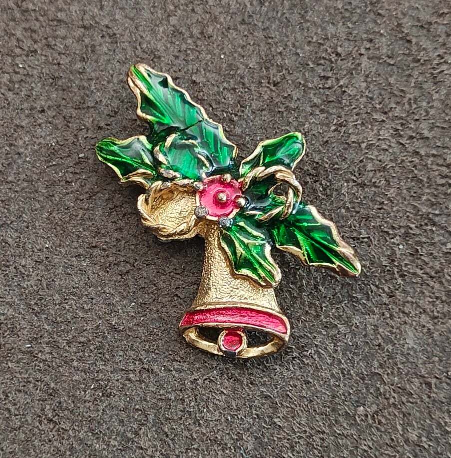 1970s Christmas Bell Holiday Gold Tone With Red & Green Enamel Brooch - Trinketmania-LV