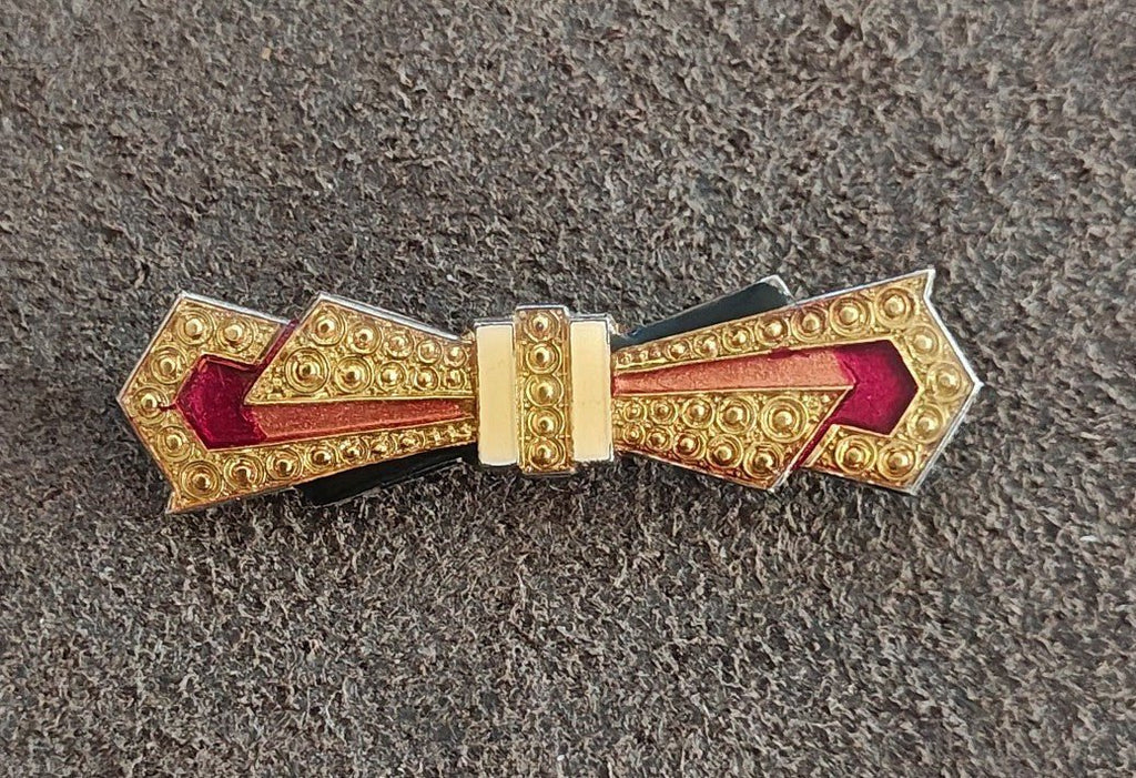 1970s/80s Art Deco Revival Pierre Bex French Enamel Silver Tone Bow Brooch. - Trinketmania-LV