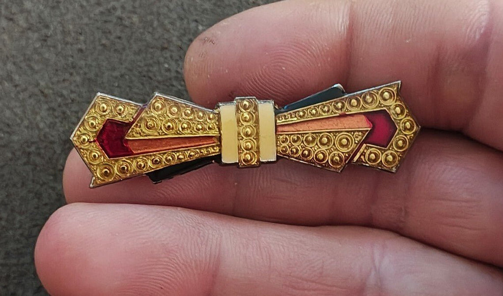 1970s/80s Art Deco Revival Pierre Bex French Enamel Silver Tone Bow Brooch. - Trinketmania-LV