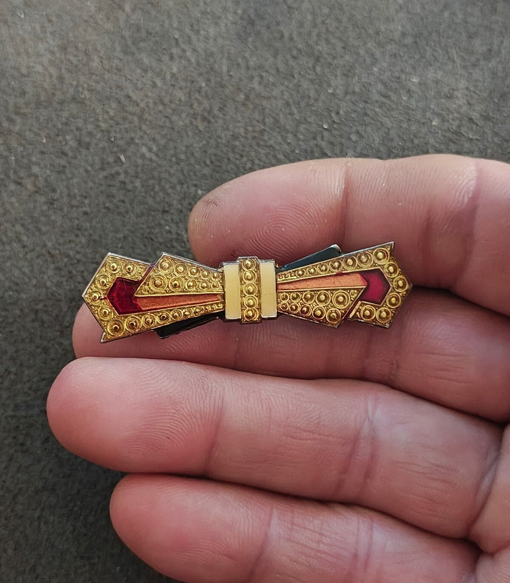 1970s/80s Art Deco Revival Pierre Bex French Enamel Silver Tone Bow Brooch. - Trinketmania-LV