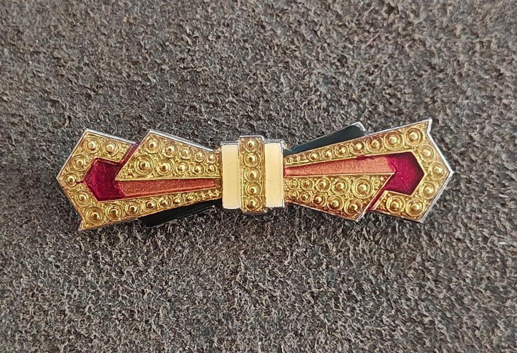 1970s/80s Art Deco Revival Pierre Bex French Enamel Silver Tone Bow Brooch. - Trinketmania-LV