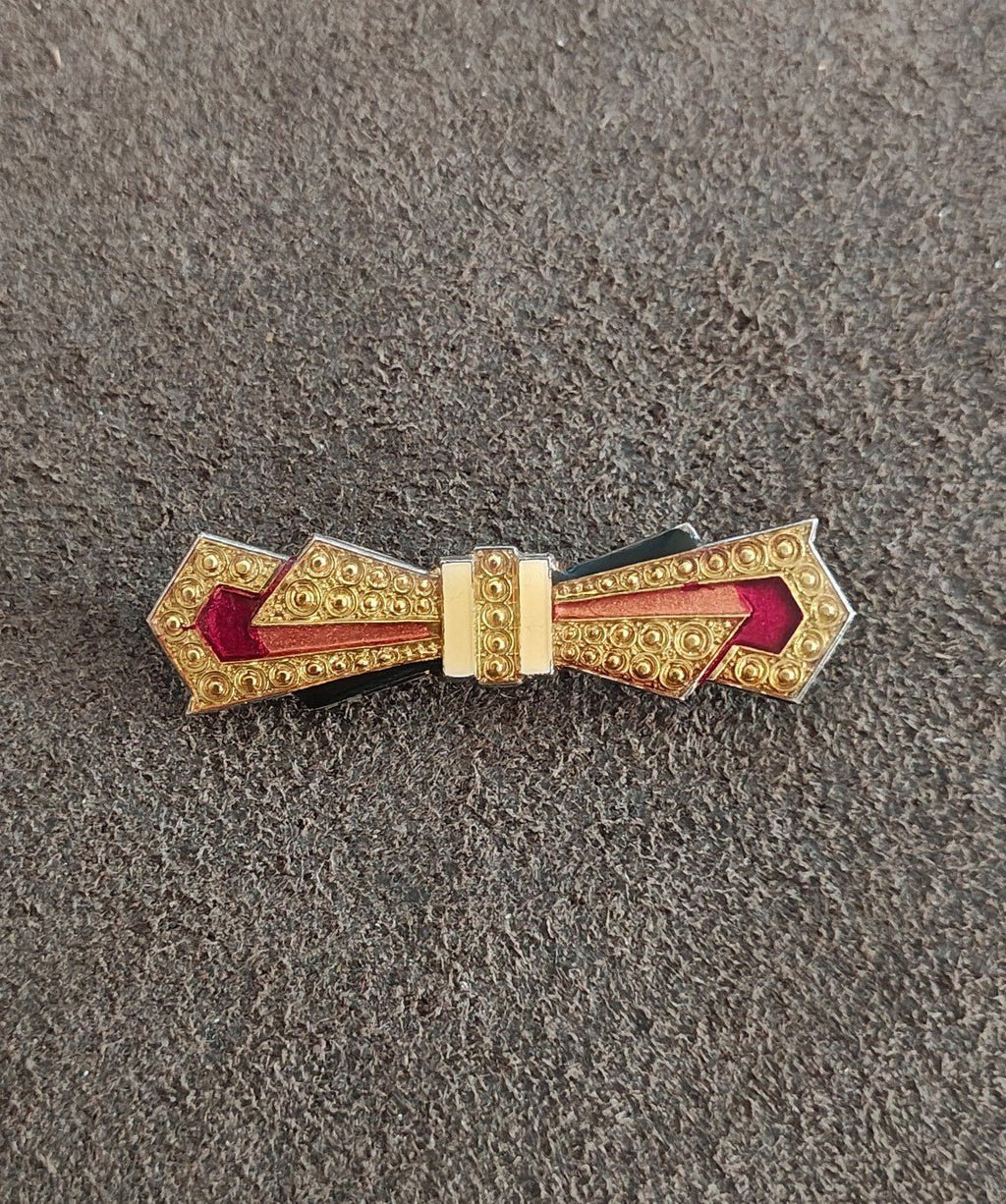 1970s/80s Art Deco Revival Pierre Bex French Enamel Silver Tone Bow Brooch. - Trinketmania-LV