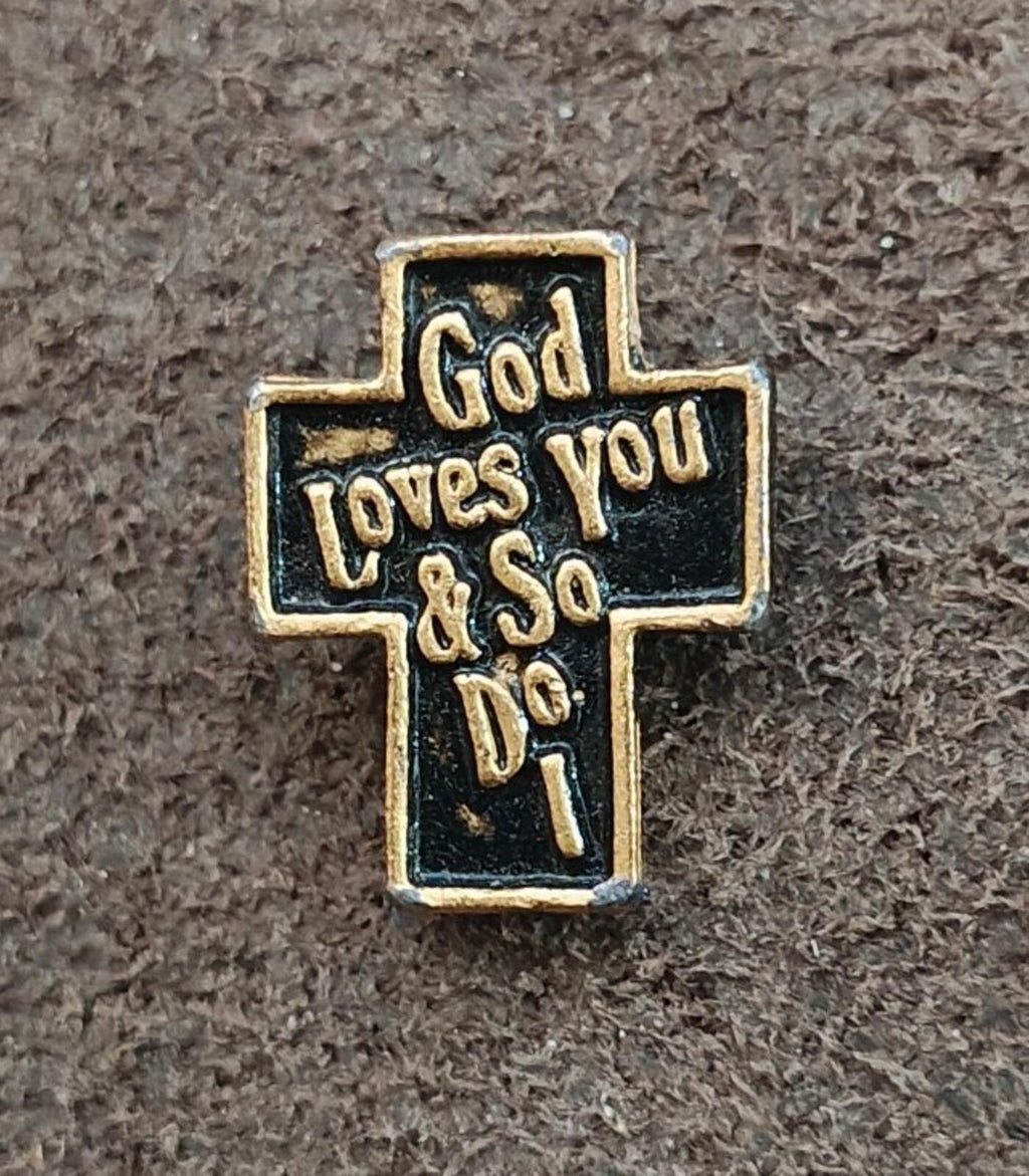 1970s/80s "God Loves You & So Do I" Christian Cross Gold Tone Black Enamel Pin - Trinketmania-LV