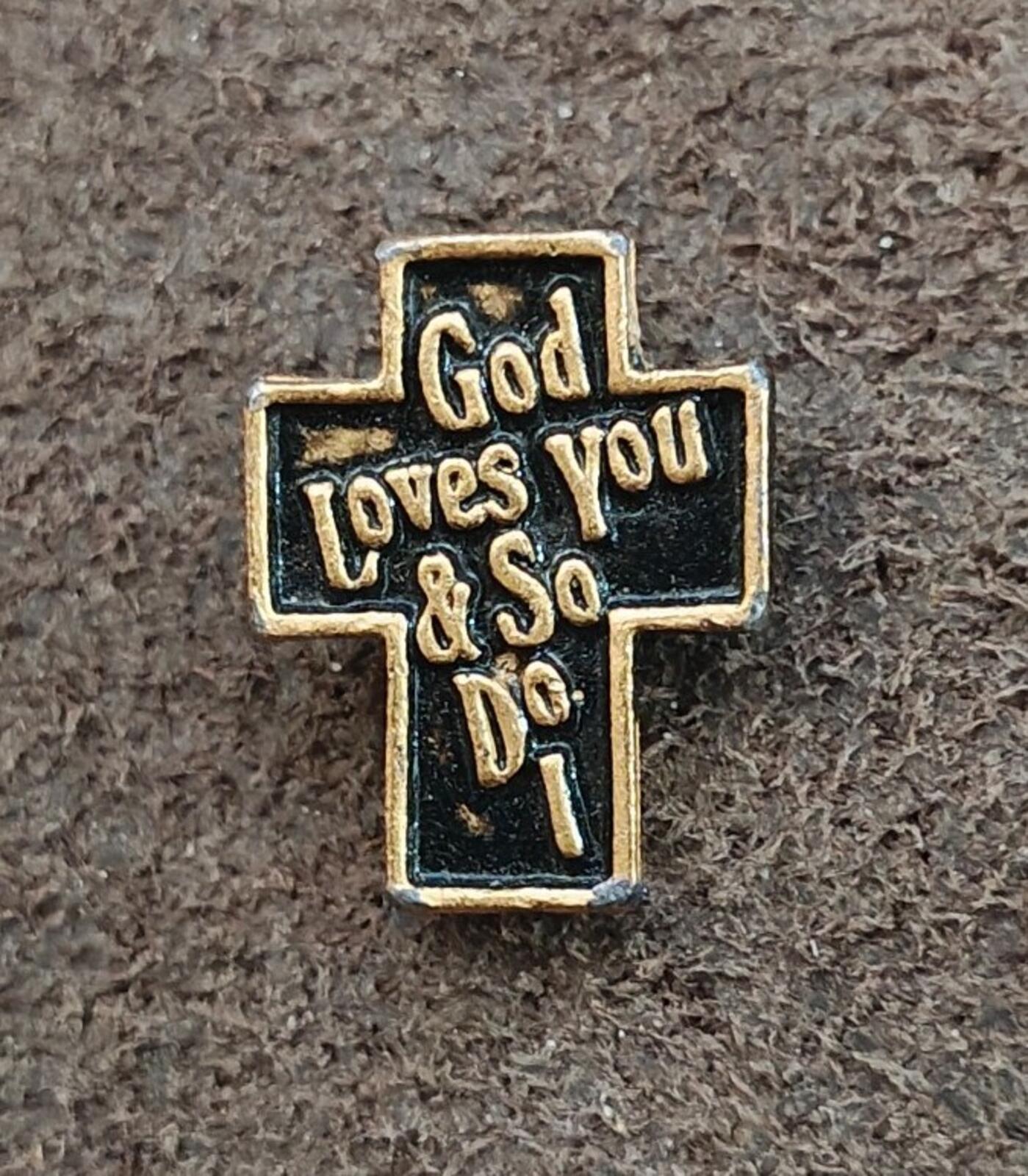 1970s/80s "God Loves You & So Do I" Christian Cross Gold Tone Black Enamel Pin - Trinketmania-LV