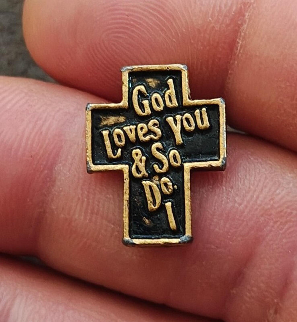 1970s/80s "God Loves You & So Do I" Christian Cross Gold Tone Black Enamel Pin - Trinketmania-LV