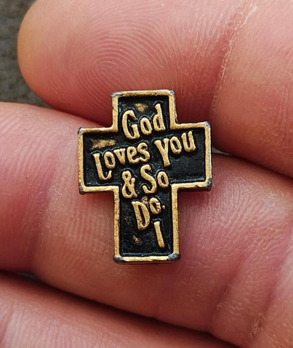 1970s/80s "God Loves You & So Do I" Christian Cross Gold Tone Black Enamel Pin - Trinketmania-LV