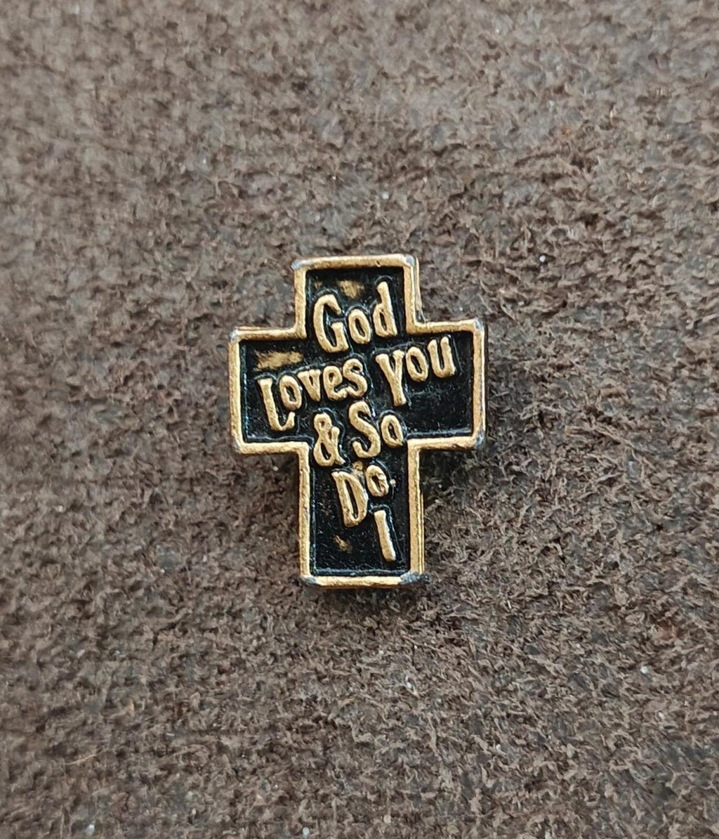 1970s/80s "God Loves You & So Do I" Christian Cross Gold Tone Black Enamel Pin - Trinketmania-LV