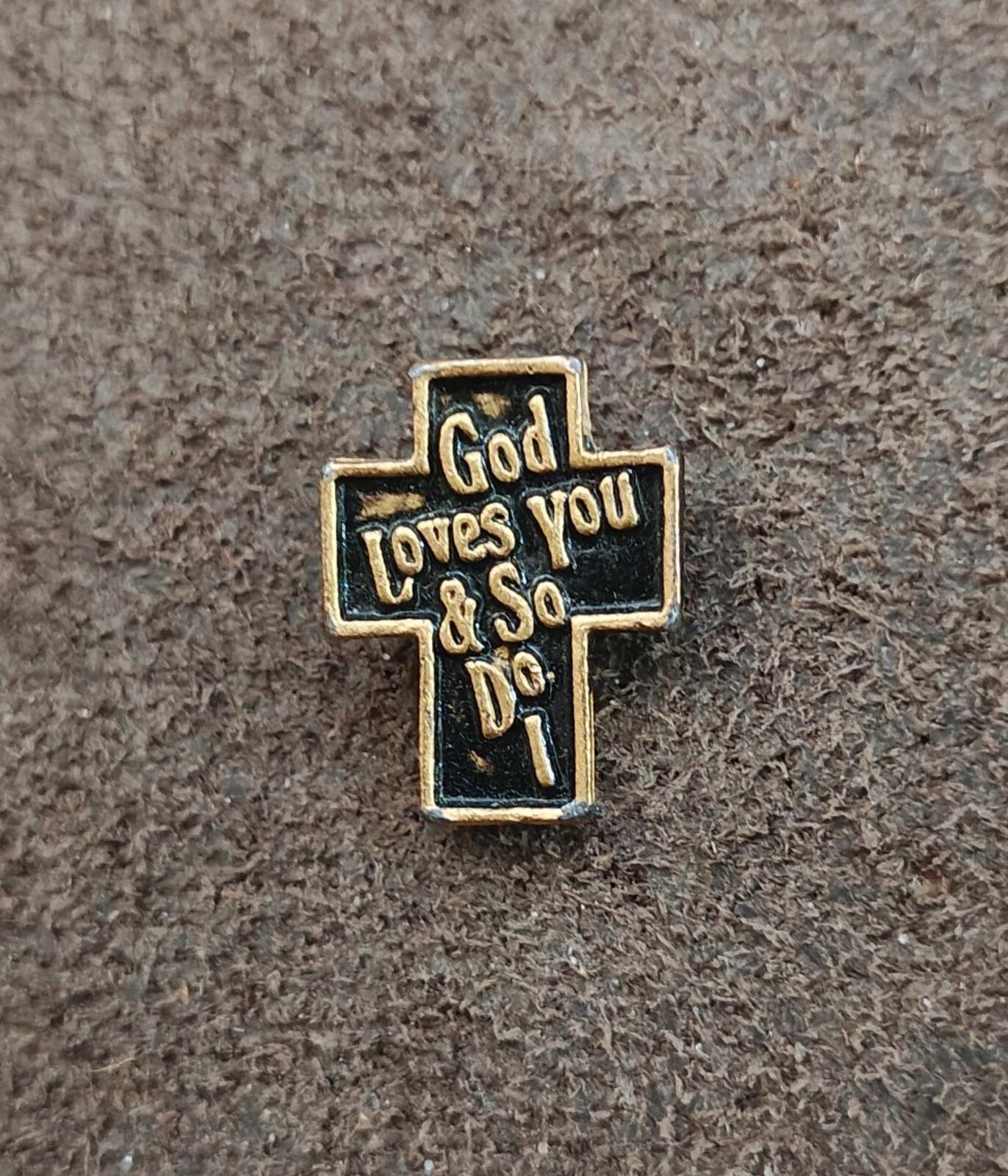 1970s/80s "God Loves You & So Do I" Christian Cross Gold Tone Black Enamel Pin - Trinketmania-LV