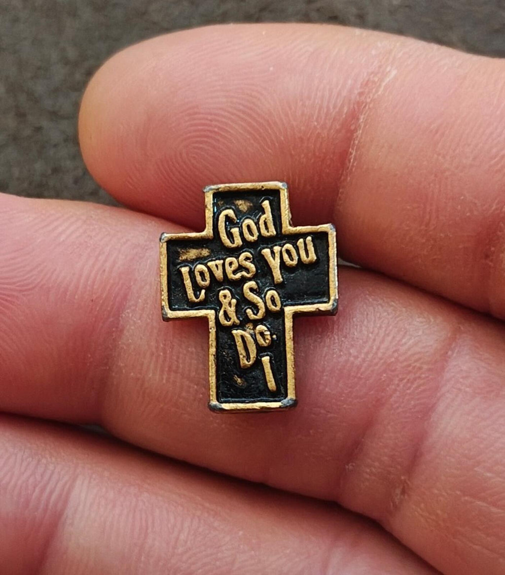 1970s/80s "God Loves You & So Do I" Christian Cross Gold Tone Black Enamel Pin - Trinketmania-LV