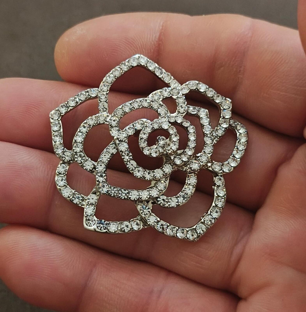 1980s Silver Tone Sparkly Rhinestones Rose Shank Button - Trinketmania-LV