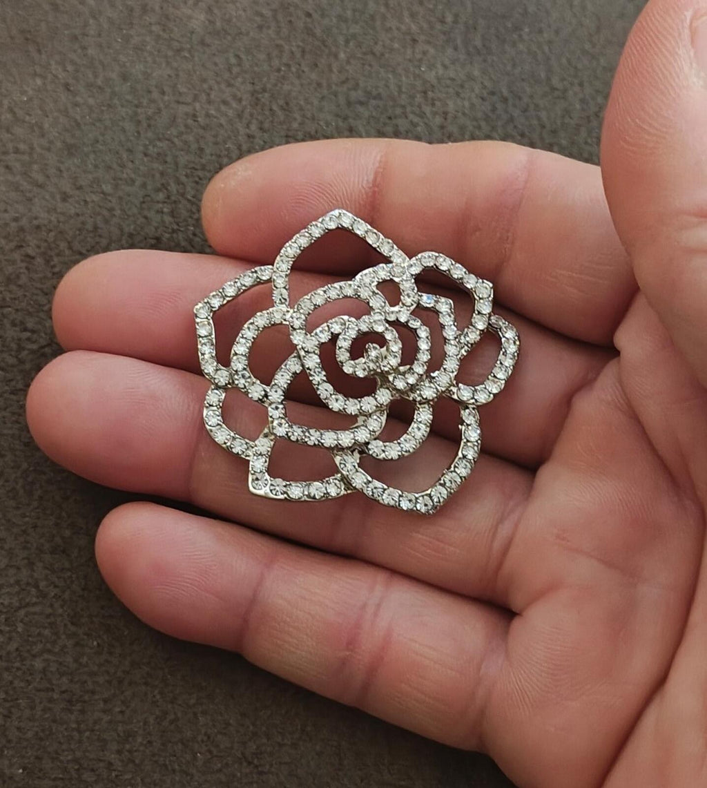 1980s Silver Tone Sparkly Rhinestones Rose Shank Button - Trinketmania-LV