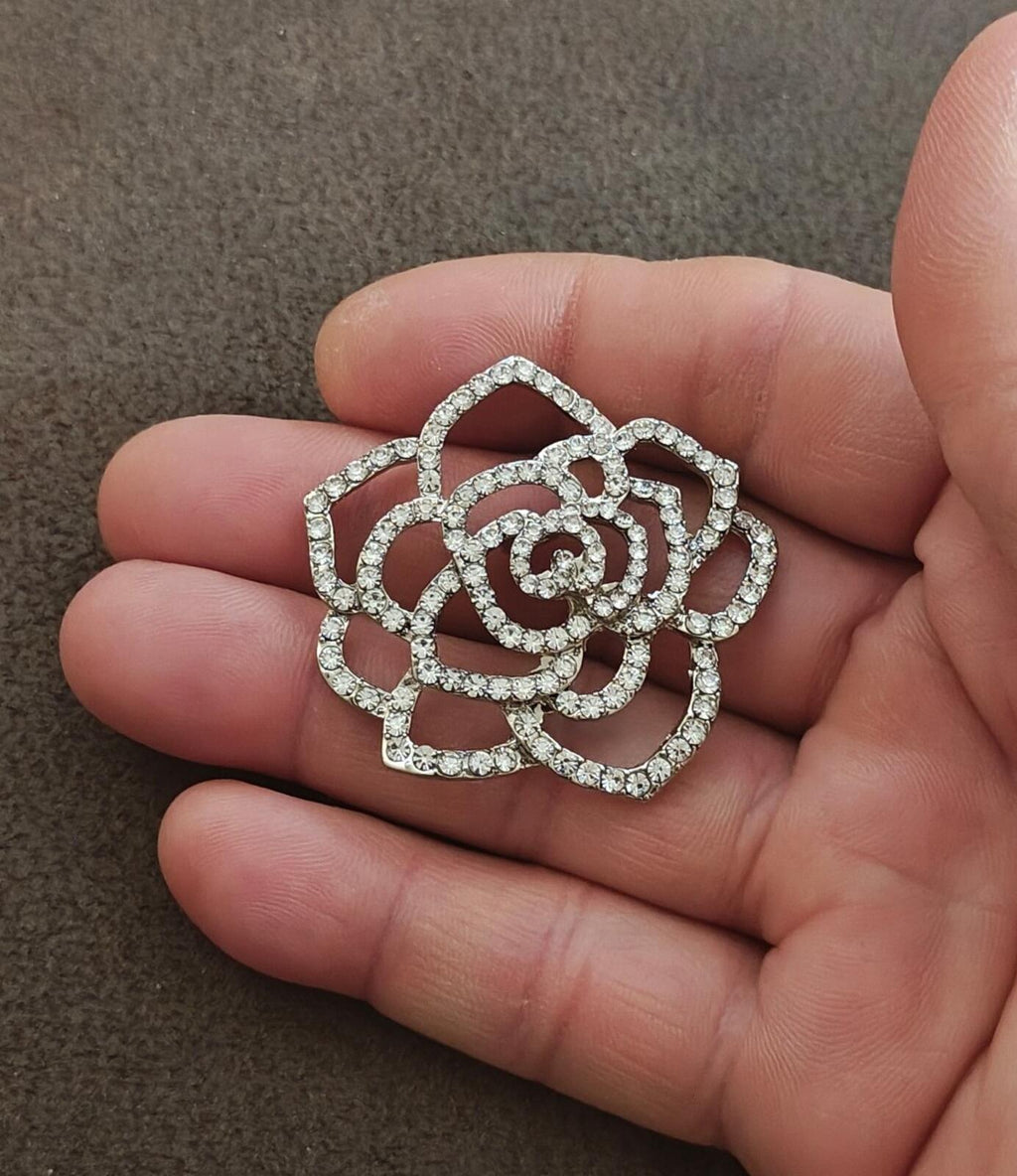 1980s Silver Tone Sparkly Rhinestones Rose Shank Button - Trinketmania-LV