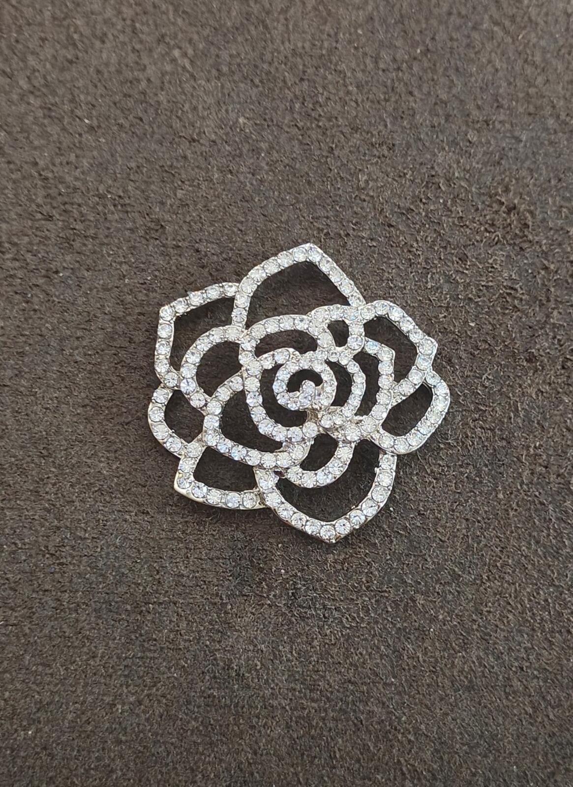1980s Silver Tone Sparkly Rhinestones Rose Shank Button - Trinketmania-LV
