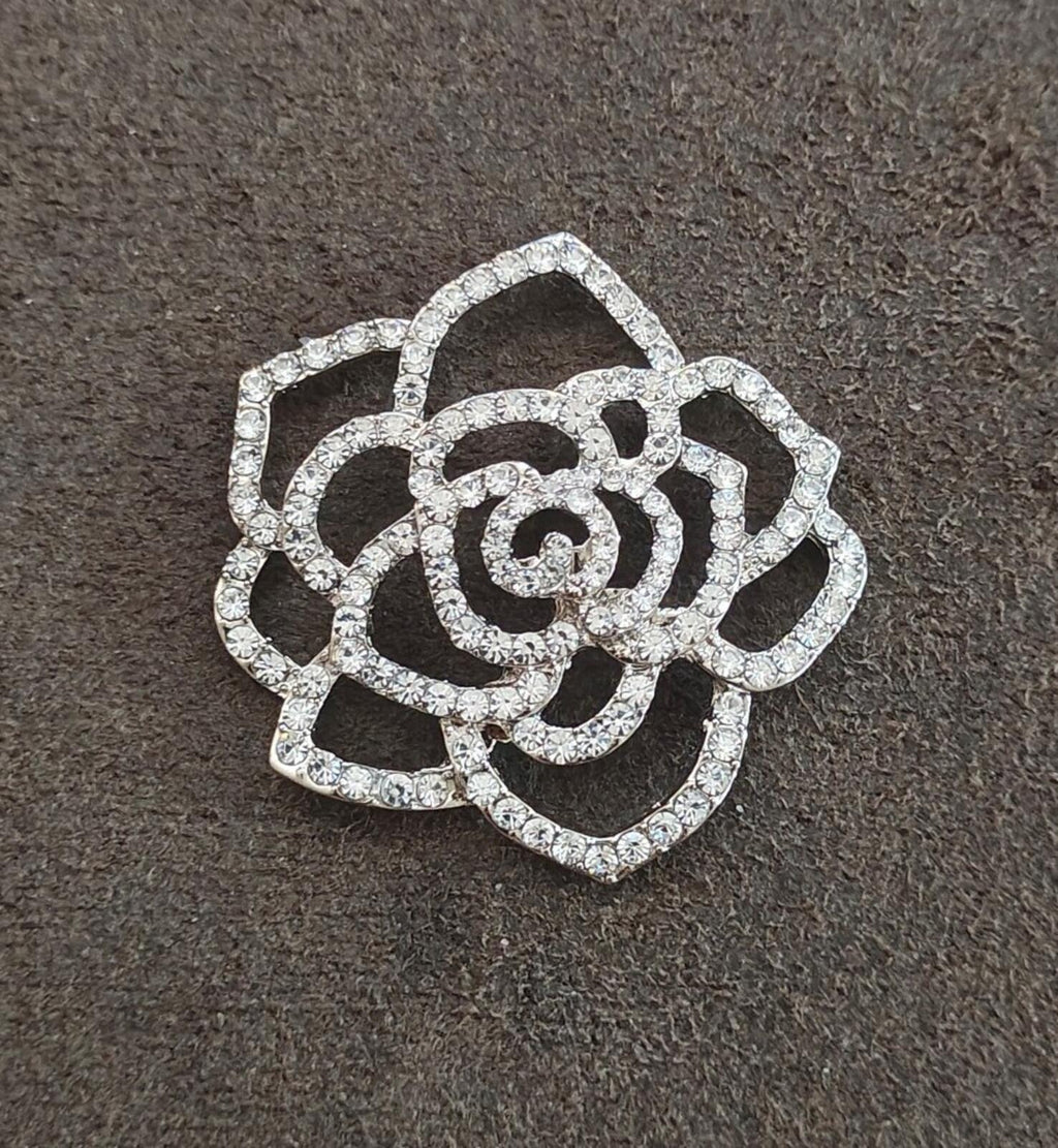 1980s Silver Tone Sparkly Rhinestones Rose Shank Button - Trinketmania-LV