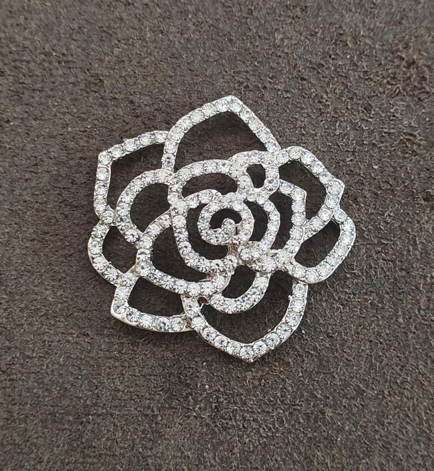 1980s Silver Tone Sparkly Rhinestones Rose Shank Button - Trinketmania-LV