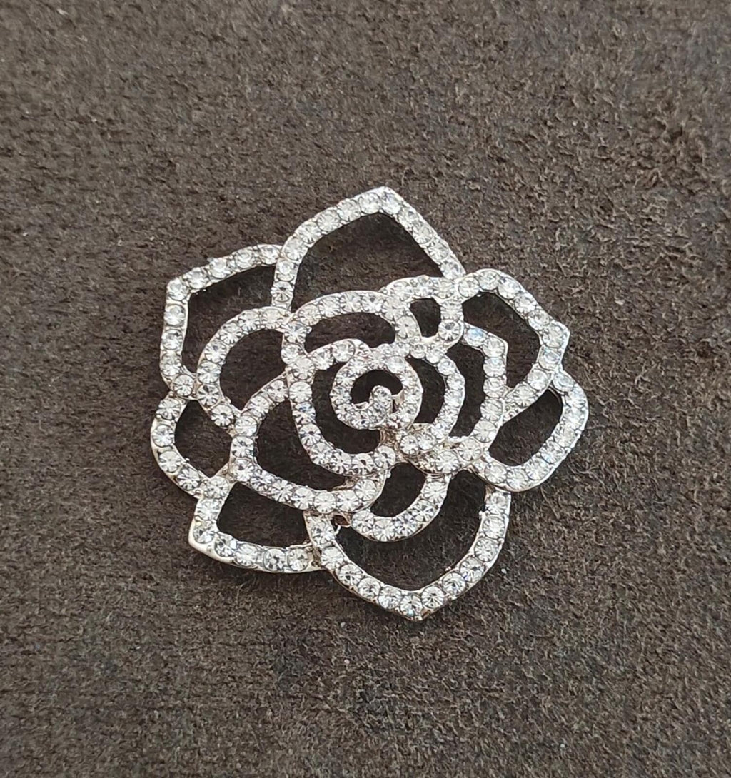 1980s Silver Tone Sparkly Rhinestones Rose Shank Button - Trinketmania-LV