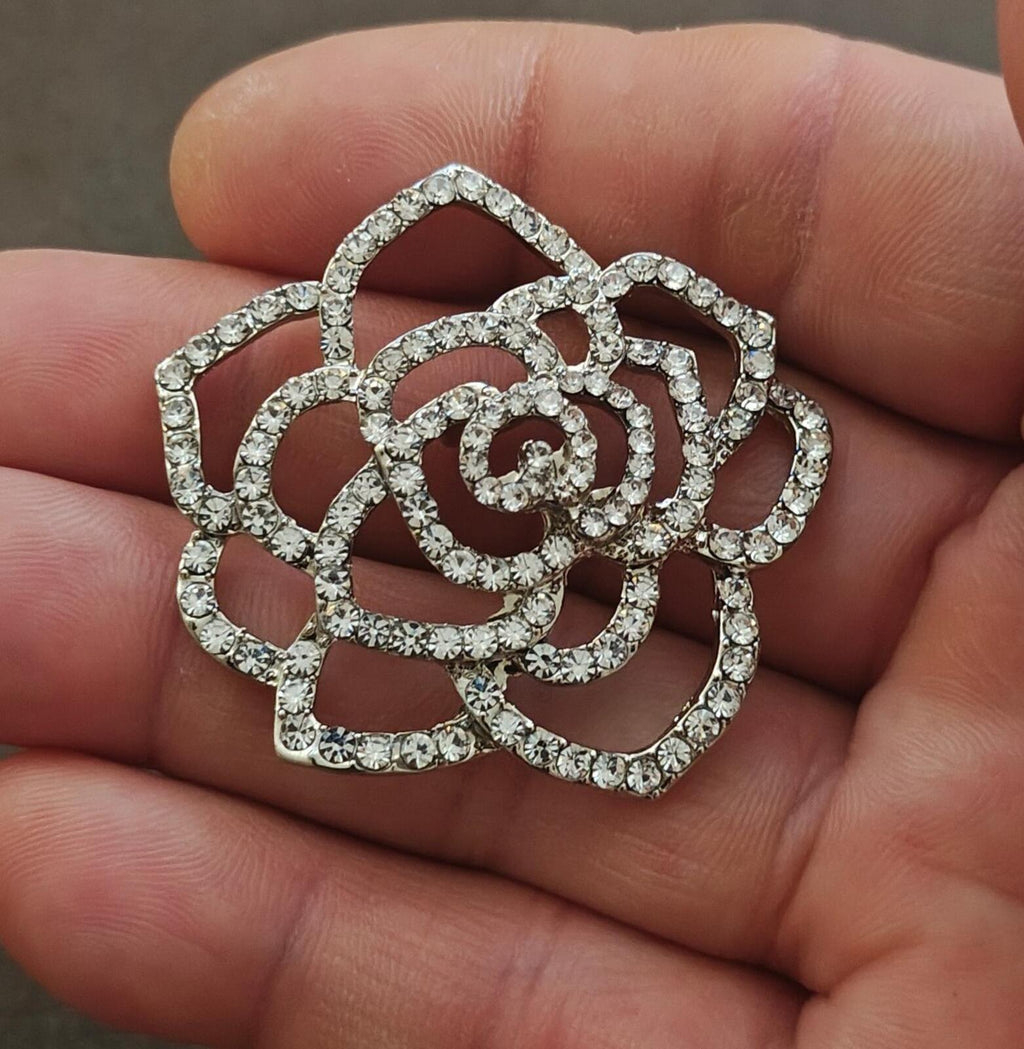 1980s Silver Tone Sparkly Rhinestones Rose Shank Button - Trinketmania-LV