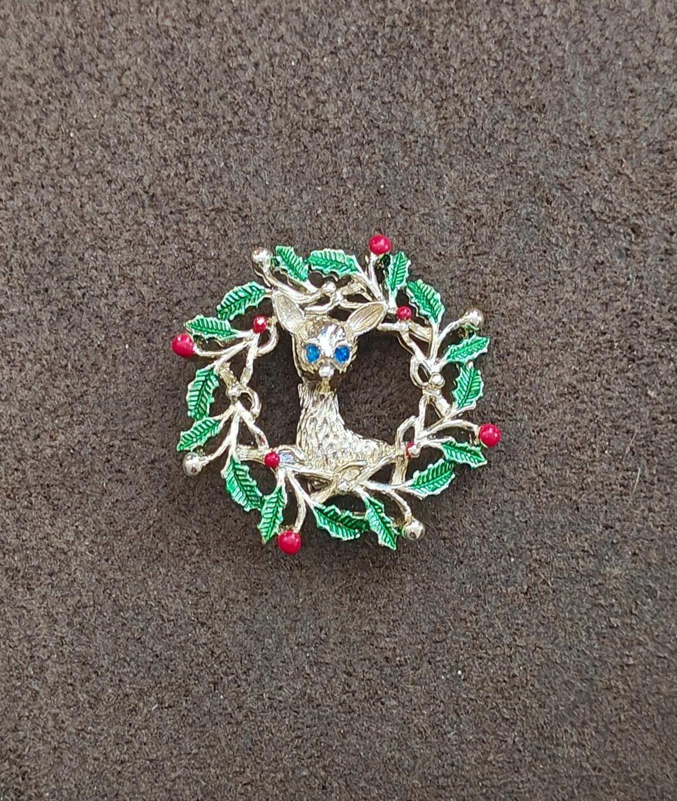 1960s Signed Gerry's Reindeer In a Holly Wreath Gold Tone Enamel Brooch
