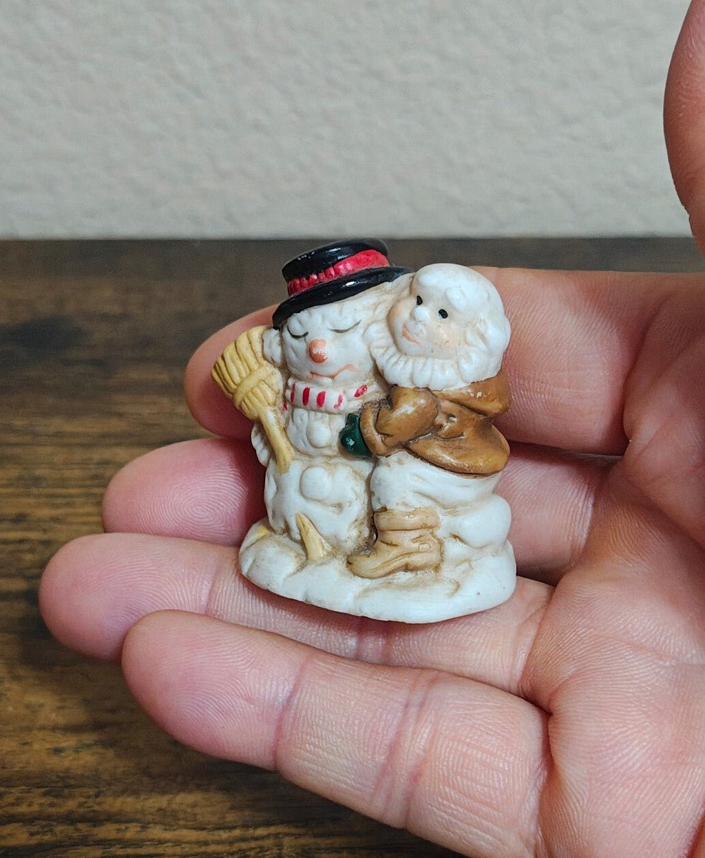 1993 Mercuries Miniature Snowman Hugging a Christmas Elf Or Gnome Ceramic Figure - Trinketmania-LV