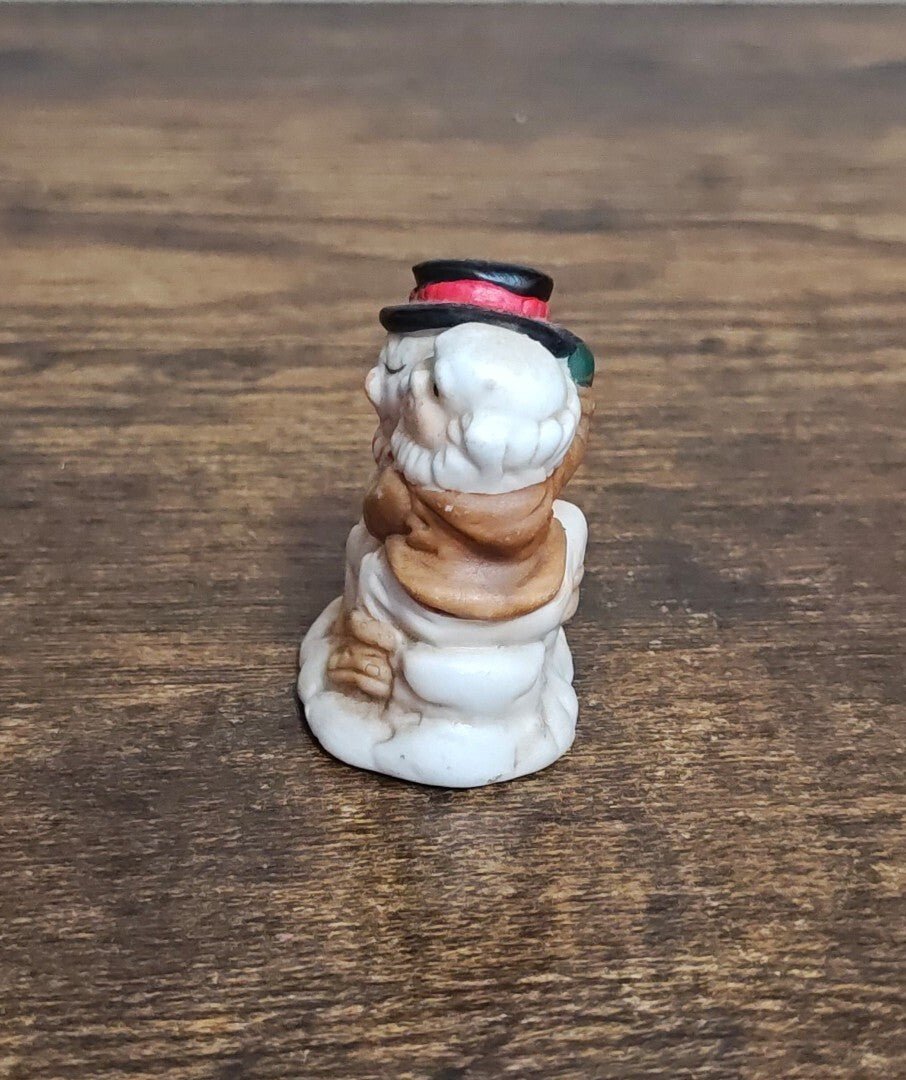 1993 Mercuries Miniature Snowman Hugging a Christmas Elf Or Gnome Ceramic Figure - Trinketmania-LV