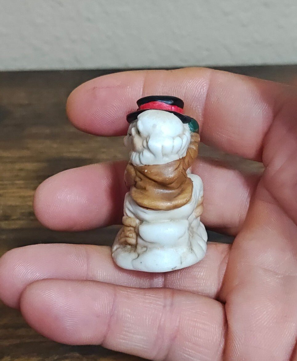 1993 Mercuries Miniature Snowman Hugging a Christmas Elf Or Gnome Ceramic Figure - Trinketmania-LV