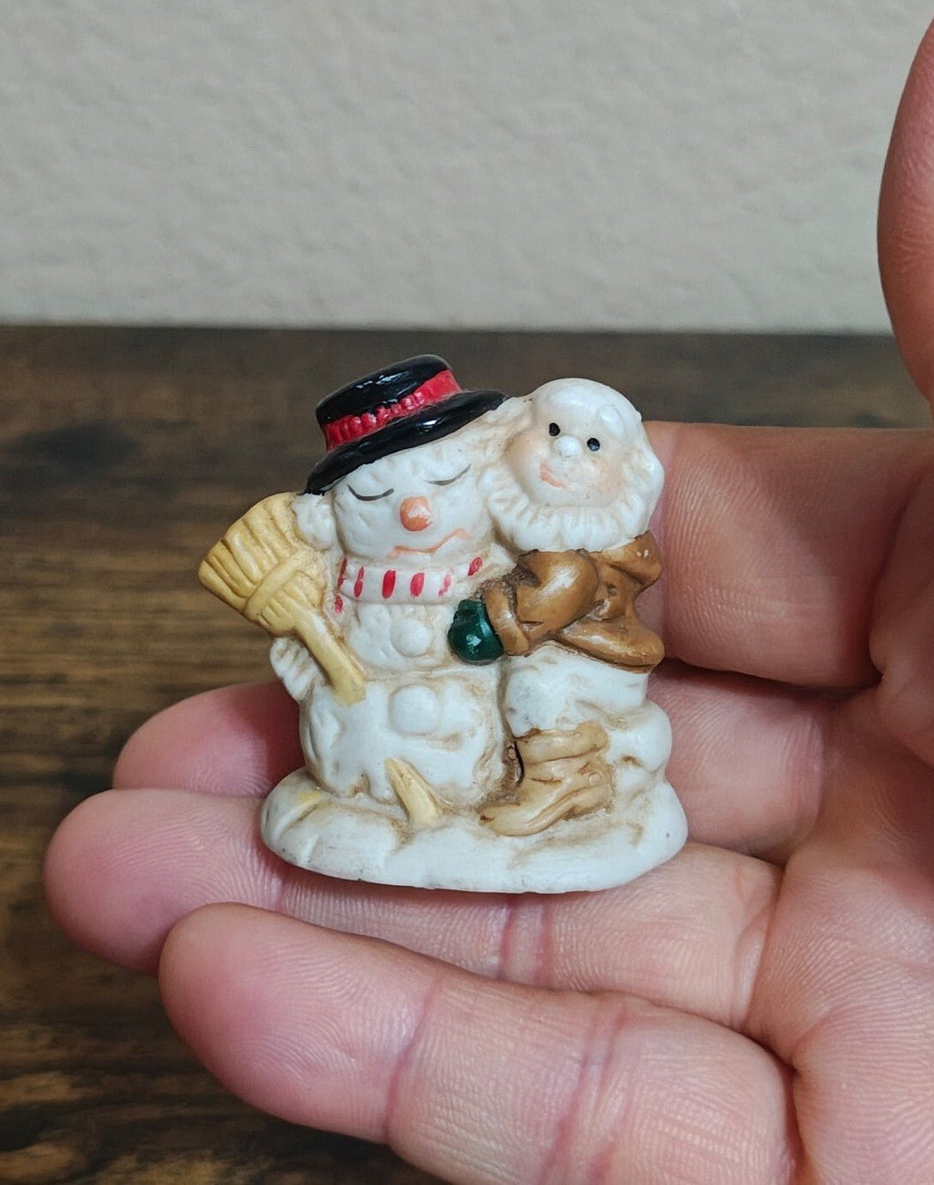 1993 Mercuries Miniature Snowman Hugging a Christmas Elf Or Gnome Ceramic Figure - Trinketmania-LV